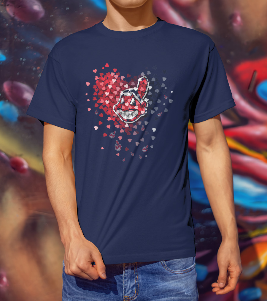 Cleveland Indians Heart Logo With Feathered Chief Wahoo In Blue And Red T-Shirt