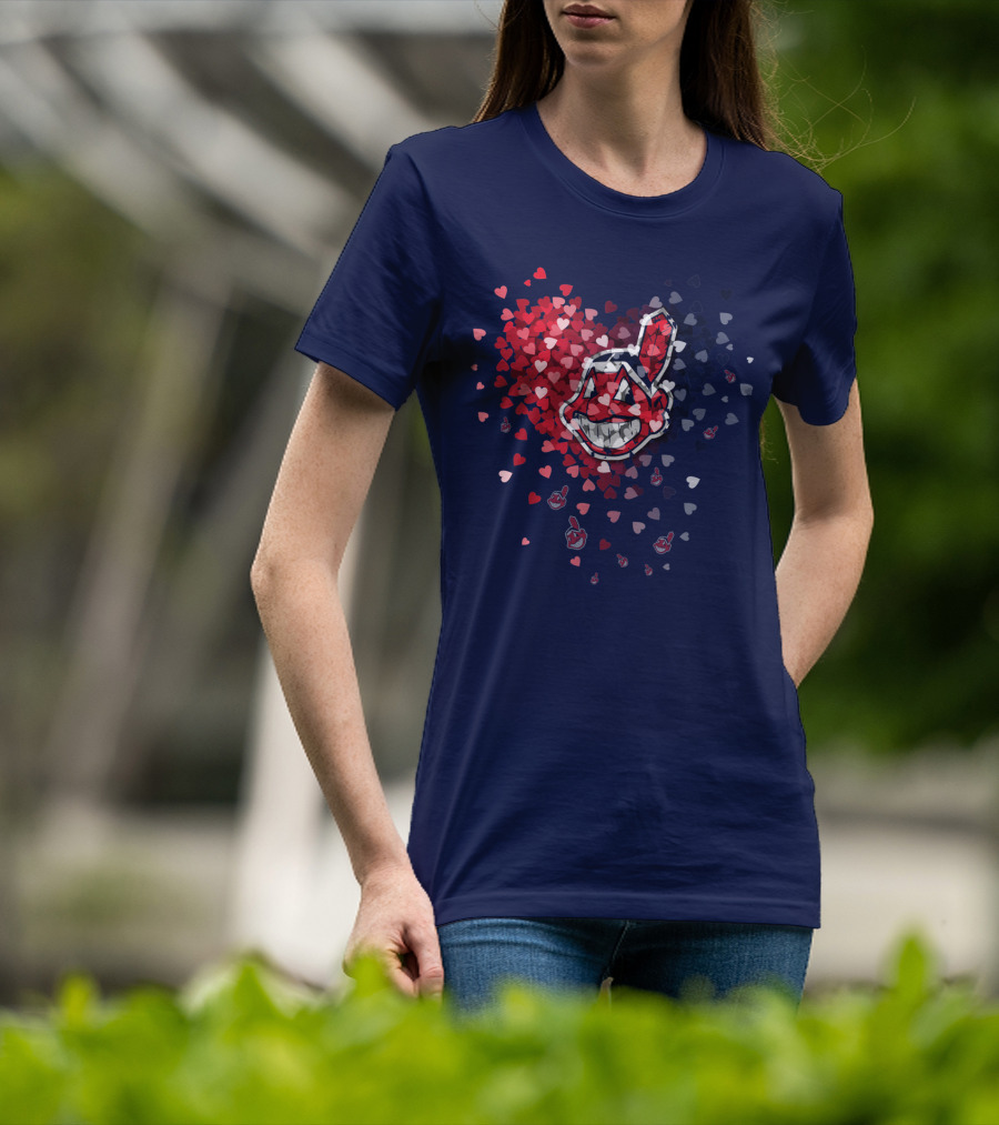 Cleveland Indians Heart Logo With Feathered Chief Wahoo In Blue And Red T-Shirt