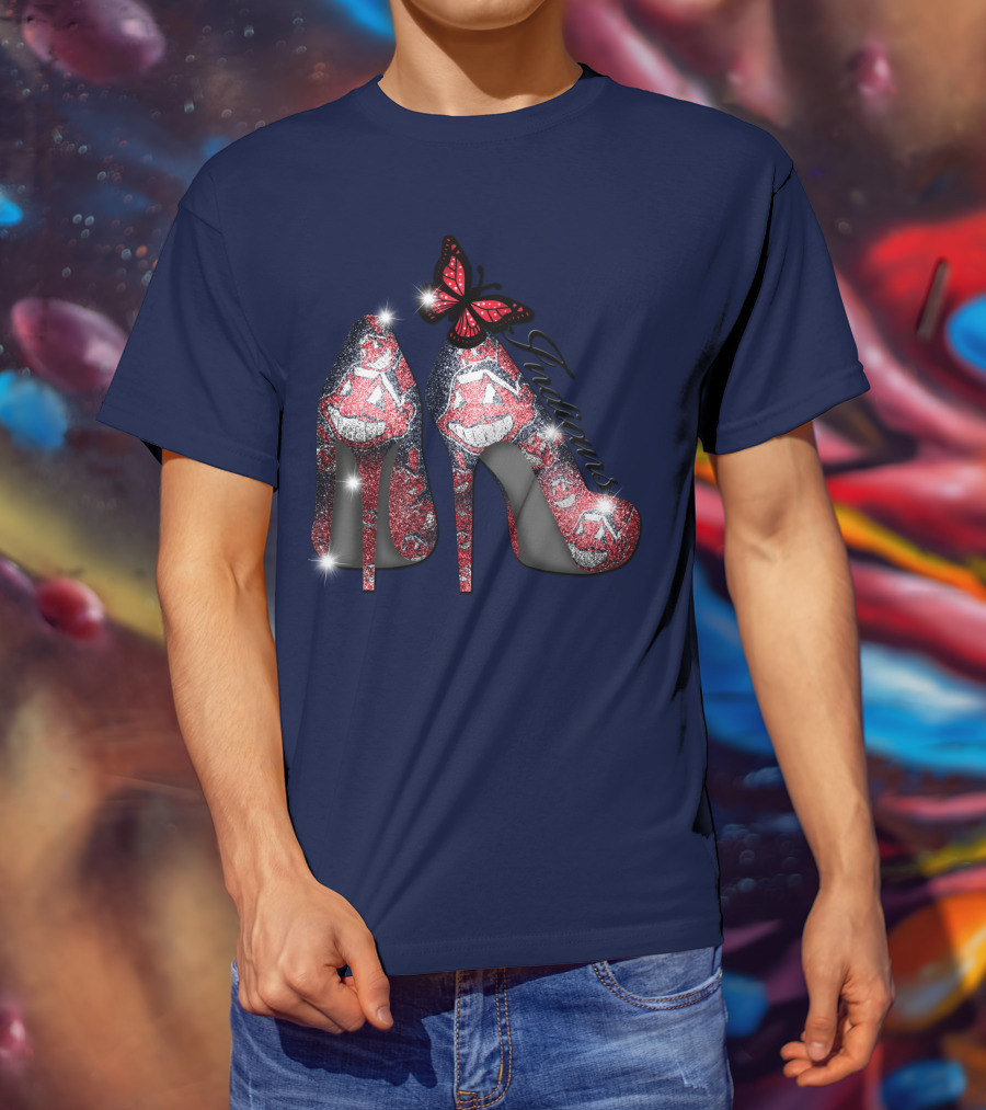 Cleveland Indians Heels With Butterfly And Baseball Motif T-Shirt