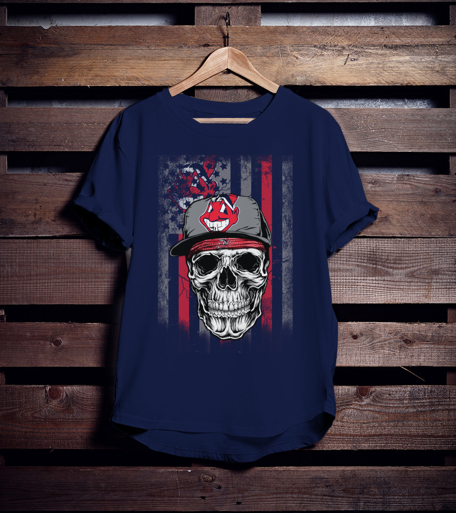 Cleveland Indians Skull Wearing Chief Wahoo Cap With American Flag T-Shirt
