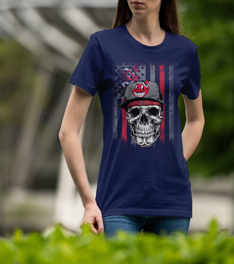 Cleveland Indians Skull Wearing Chief Wahoo Cap With American Flag T-Shirt