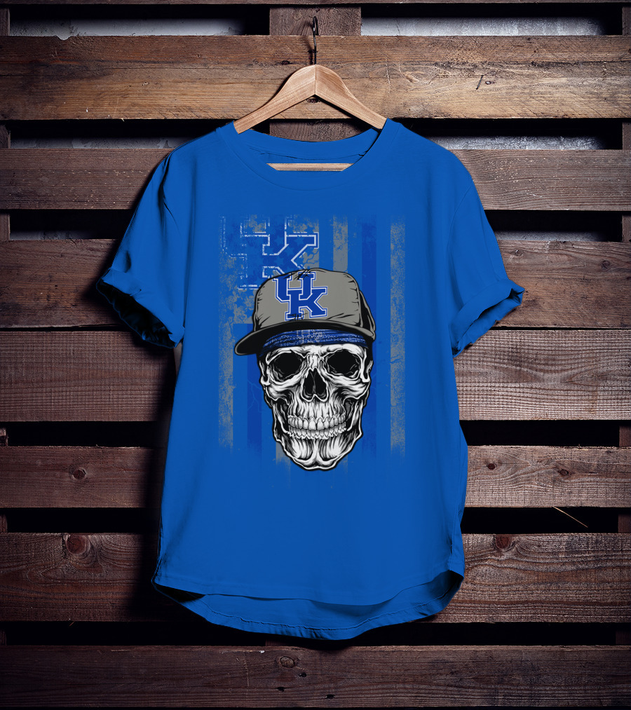Kentucky Wildcats Skull With Uk Logo Hat On Grunge Blue T-Shirt