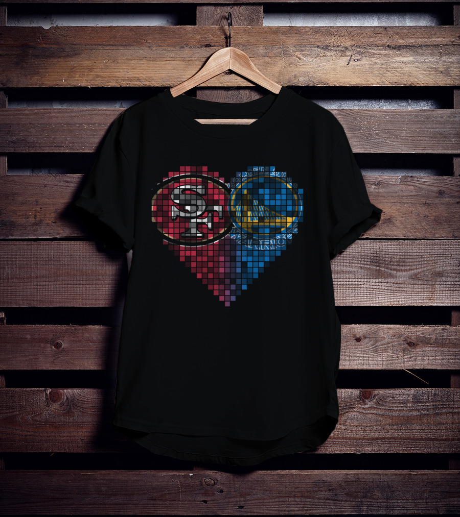 San Francisco 49ers And Golden State Warriors Heart Pixel Mosaic T-Shirt