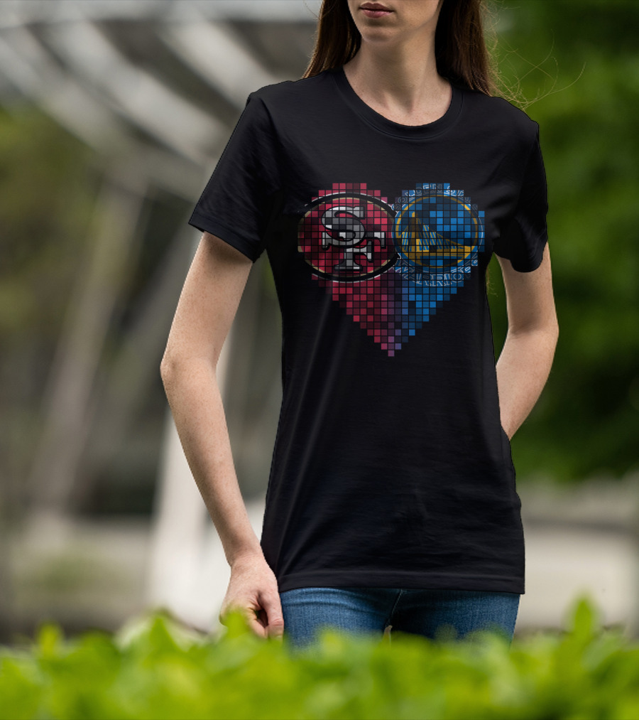 San Francisco 49ers And Golden State Warriors Heart Pixel Mosaic T-Shirt