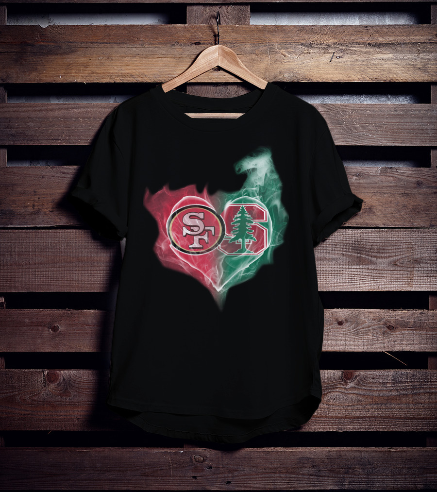 San Francisco 49ers And Stanford Cardinal Heart-Shaped Smoke Logos T-Shirt
