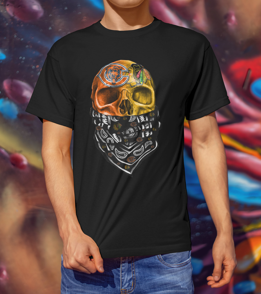 Chicago Bears And Blackhawks Skull Bandana T-Shirt