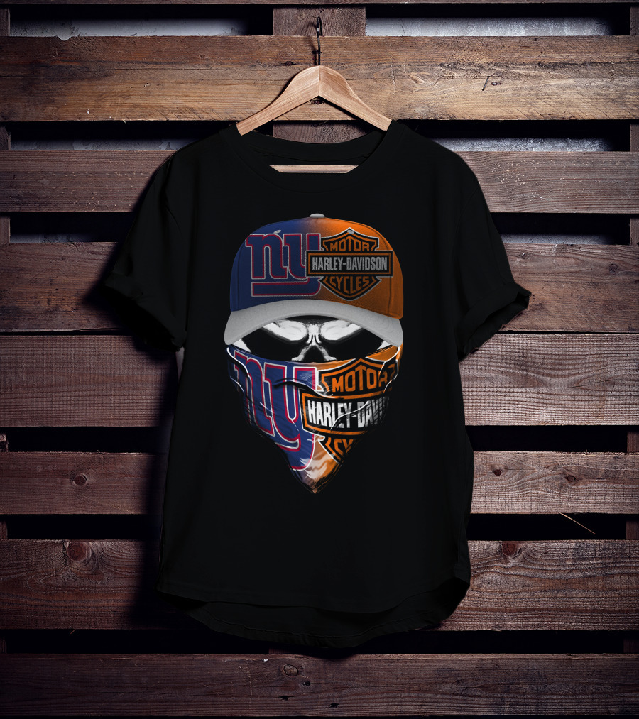 New York Giants And Harley Davidson Crossover Skull Mask Hat T-Shirt