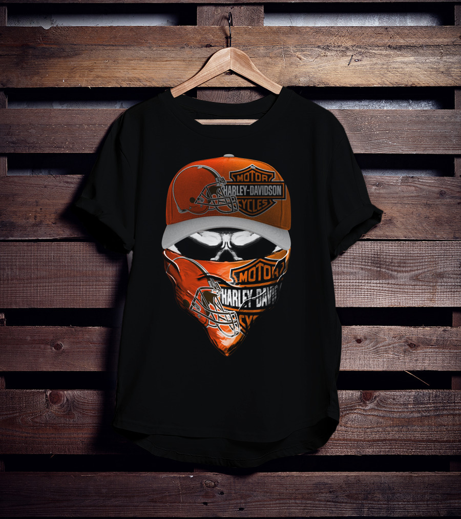 Harley Davidson Motorcycles Cleveland Browns Skull Cap And Bandana T-Shirt