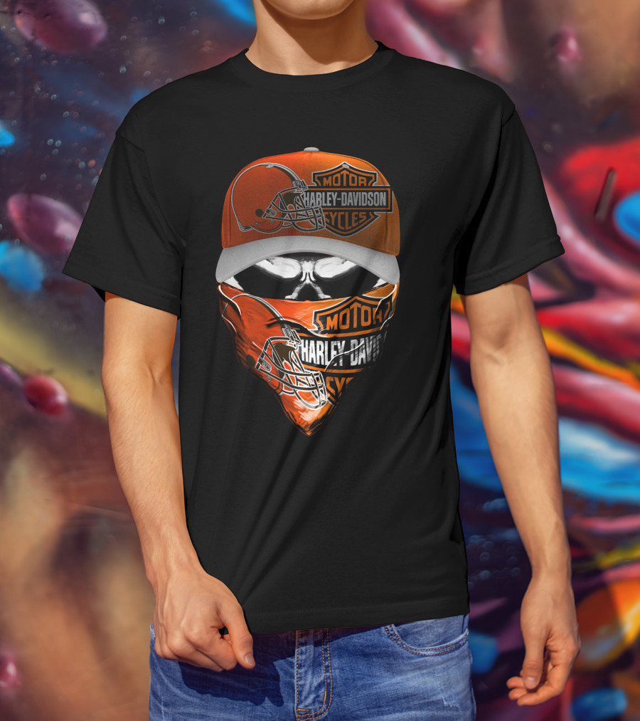 Harley Davidson Motorcycles Cleveland Browns Skull Cap And Bandana T-Shirt