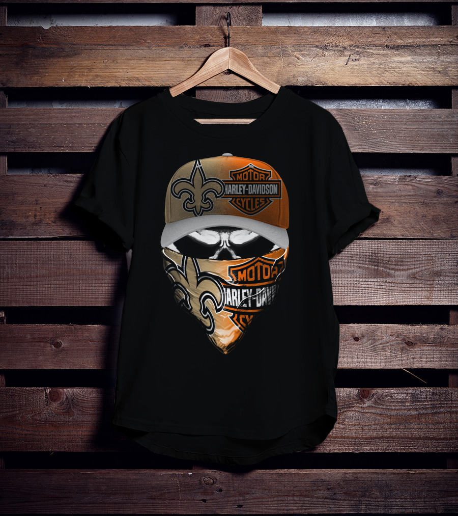 Harley Davidson New Orleans Saints Fleur-De-Lis Skull Mask Hat T-Shirt