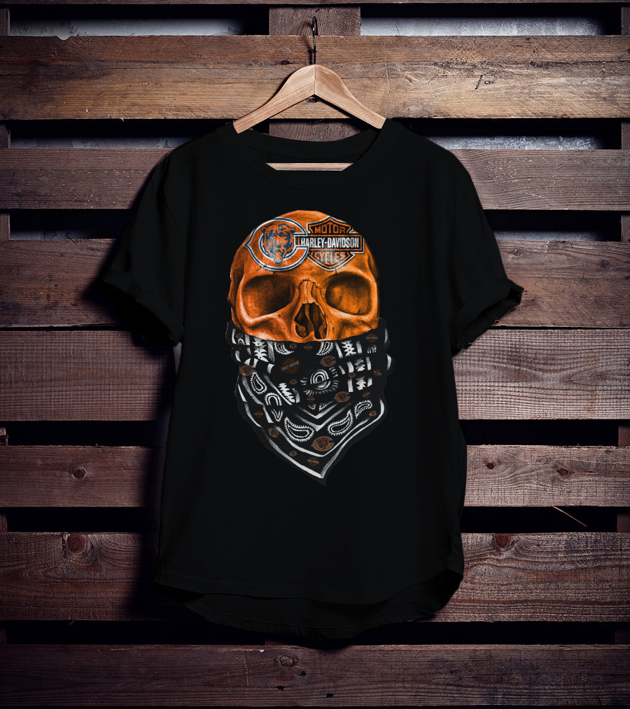Harley Davidson Motorcycles Skull With Chicago Bears Logo Bandana T-Shirt