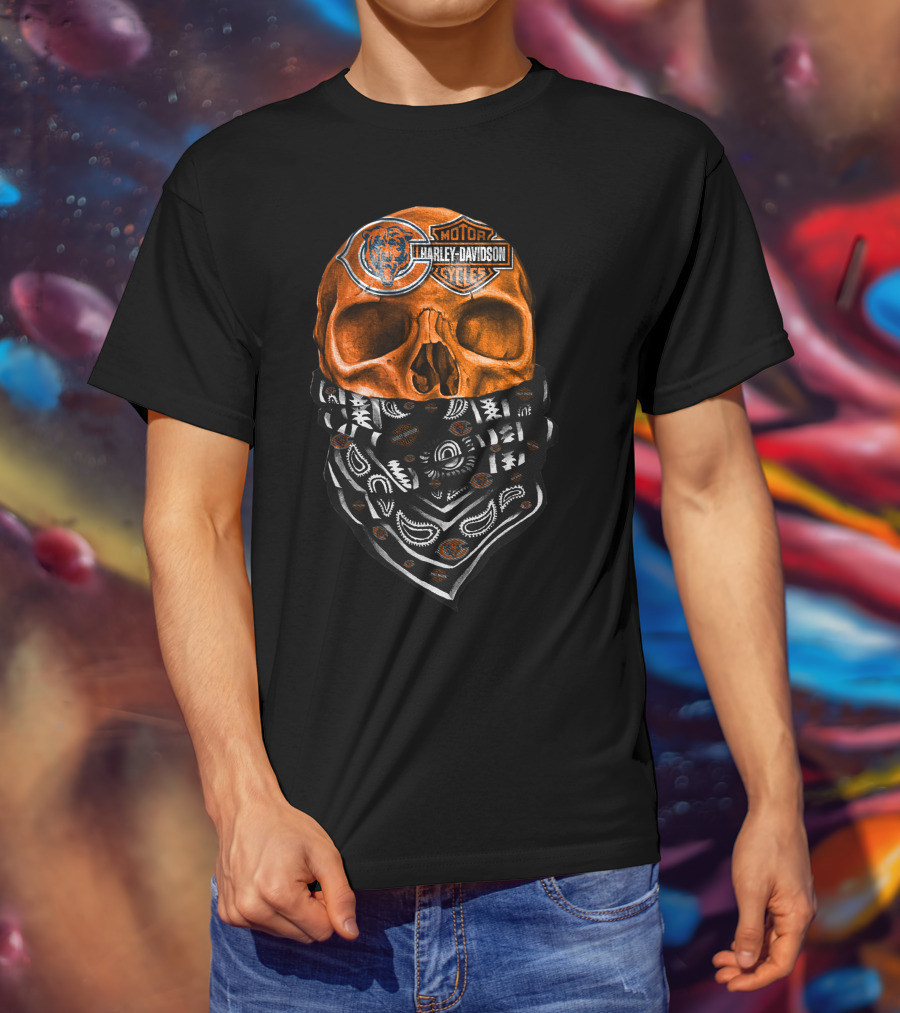 Harley Davidson Motorcycles Skull With Chicago Bears Logo Bandana T-Shirt