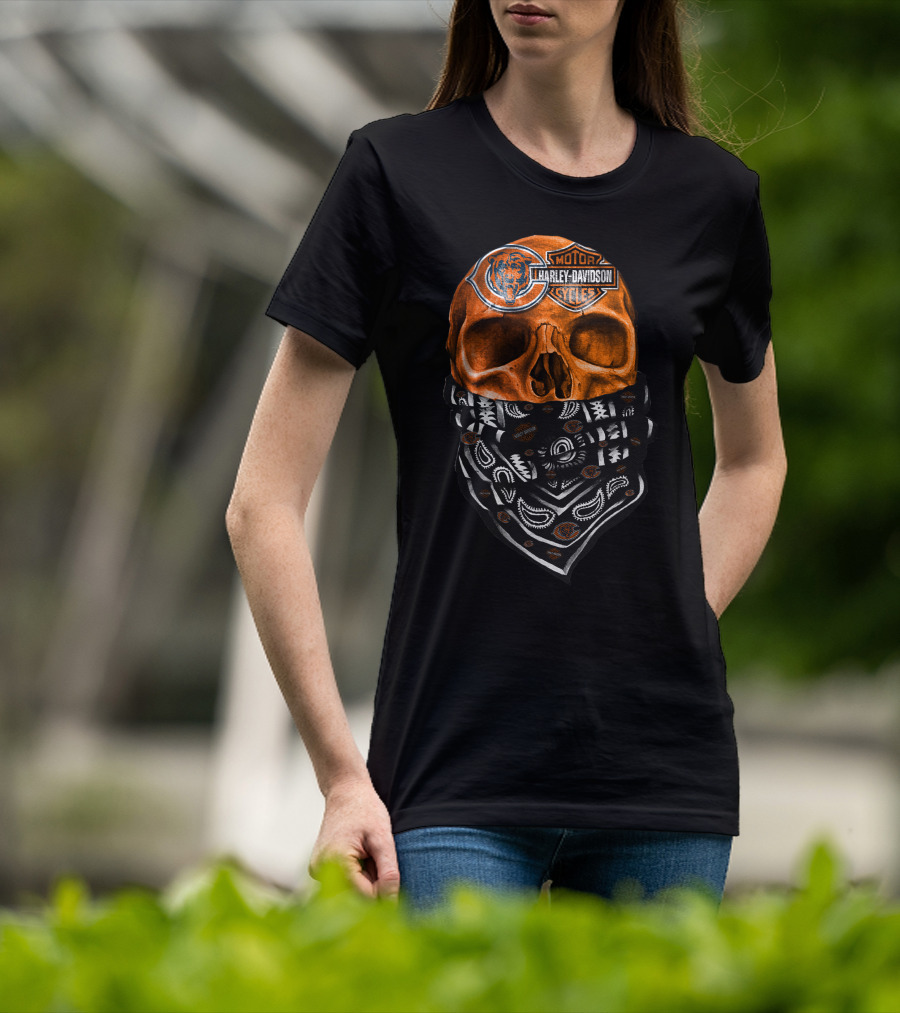 Harley Davidson Motorcycles Skull With Chicago Bears Logo Bandana T-Shirt