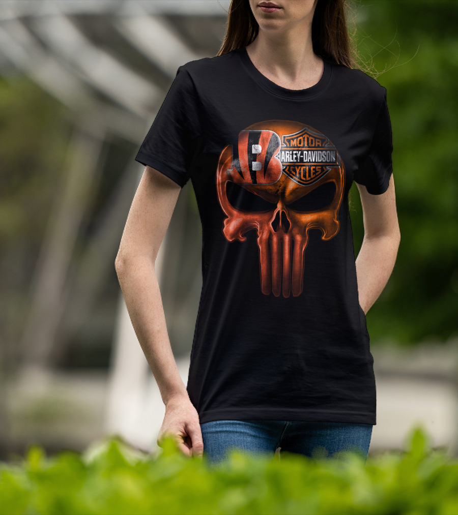 Cincinnati Bengals Harley Davidson Punisher Skull T-Shirt