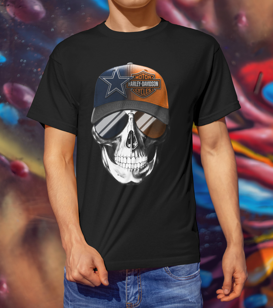 Harley Davidson Motor Cycles Dallas Cowboys Skull Hat T-Shirt