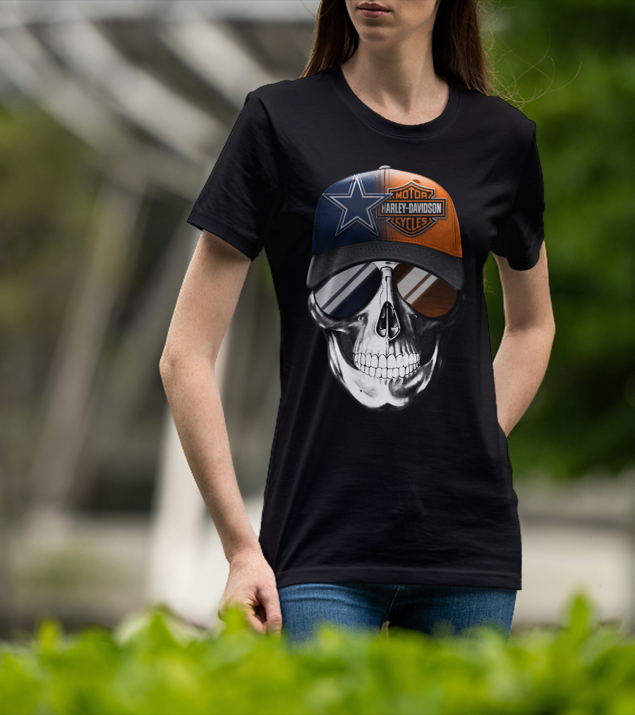 Harley Davidson Motor Cycles Dallas Cowboys Skull Hat T-Shirt