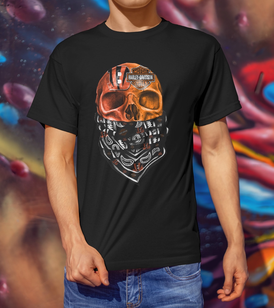 Cincinnati Bengals Harley Davidson Skull Bandana T-Shirt