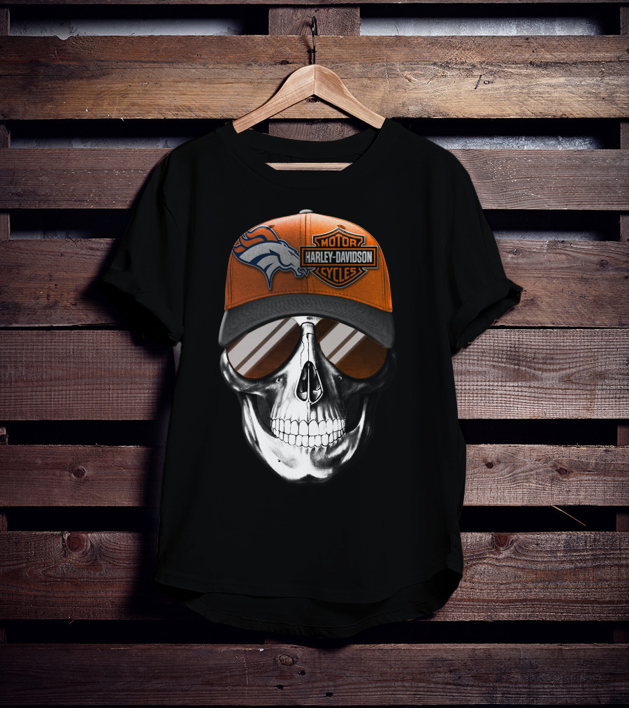 Harley Davidson Motorcycles Skull With Denver Broncos Cap T-Shirt