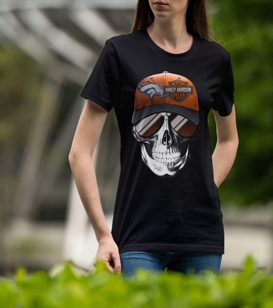 Harley Davidson Motorcycles Skull With Denver Broncos Cap T-Shirt