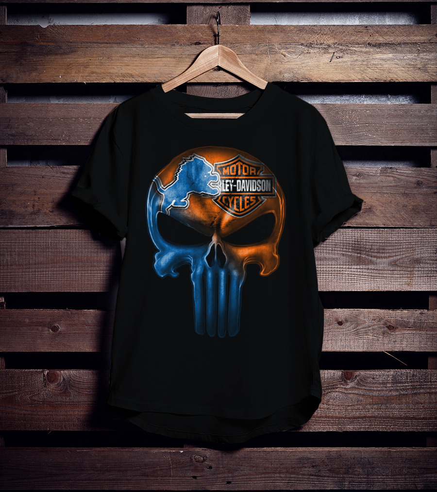 Detroit Lions Harley Davidson Motorcycles Punisher Skull T-Shirt