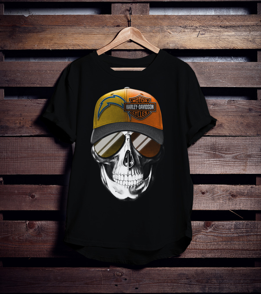 Los Angeles Chargers And Harley Davidson Motorcycle Skull Cap T-Shirt