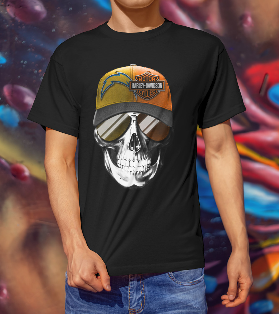Los Angeles Chargers And Harley Davidson Motorcycle Skull Cap T-Shirt