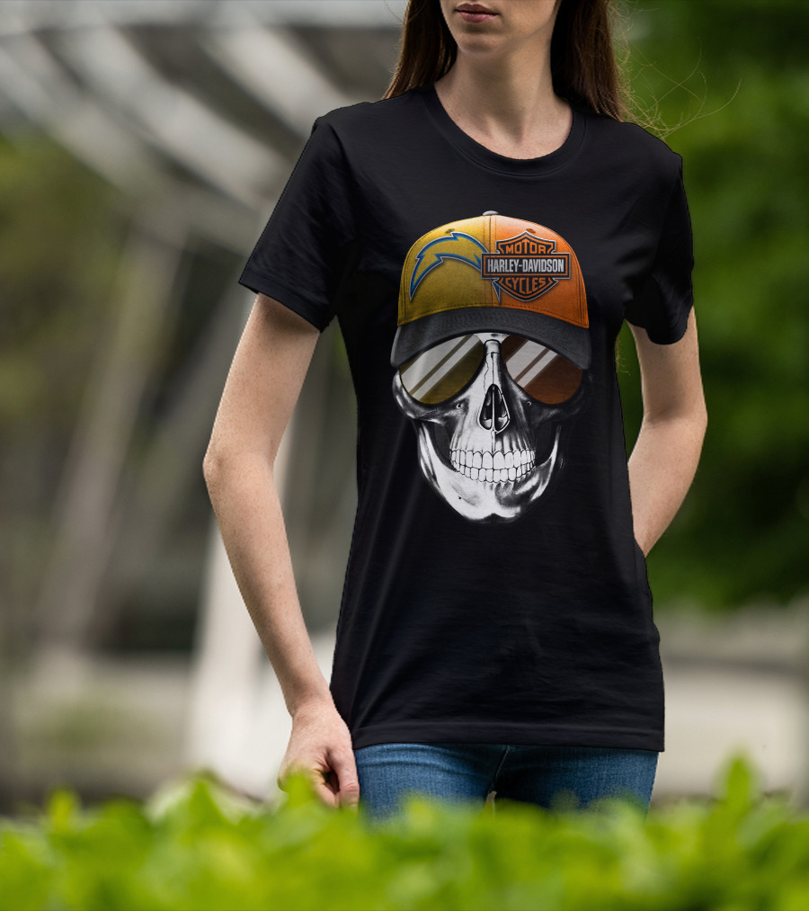 Los Angeles Chargers And Harley Davidson Motorcycle Skull Cap T-Shirt