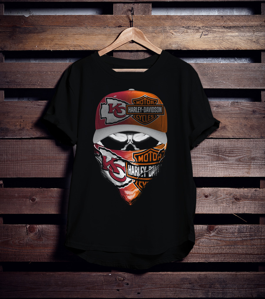 Kansas City Chiefs Harley Davidson Motorcycles Skull Mask And Cap T-Shirt