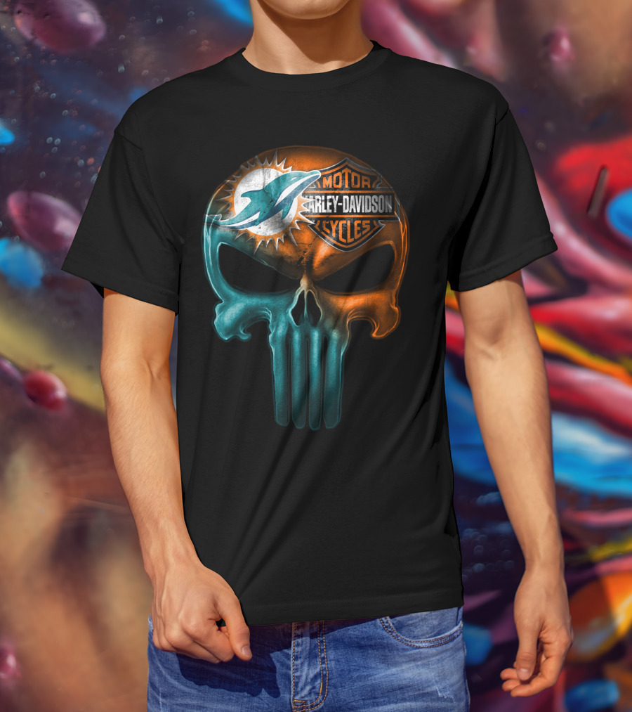 Miami Dolphins Harley Davidson Punisher Skull T-Shirt