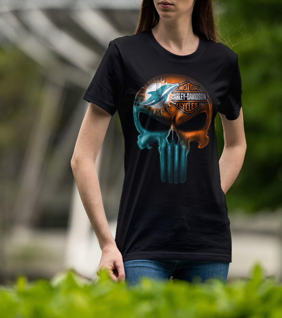 Miami Dolphins Harley Davidson Punisher Skull T-Shirt