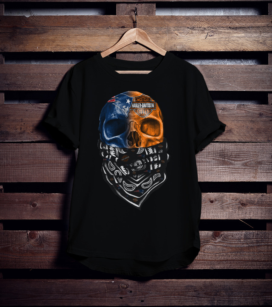 New England Patriots Harley Davidson Bandana Skull T-Shirt