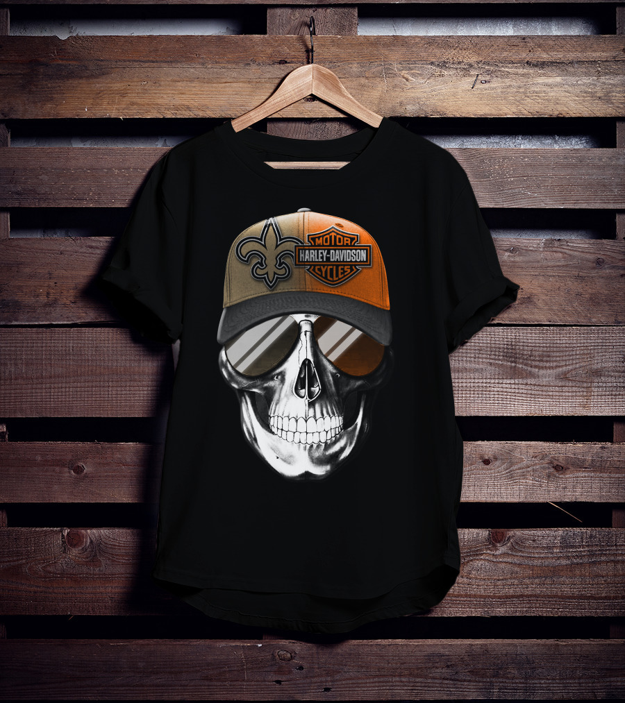 New Orleans Saints Harley Davidson Skull Hat T-Shirt