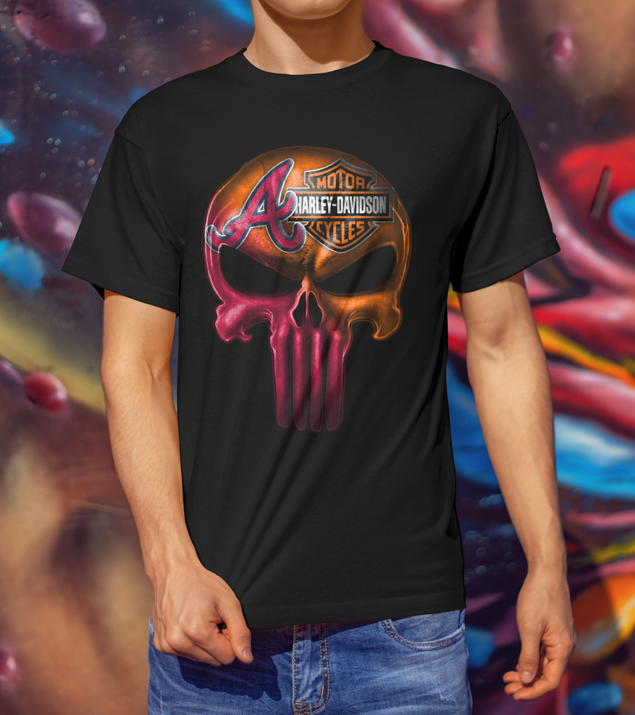 Atlanta Braves Punisher Skull Harley Davidson Motorcycles T-Shirt