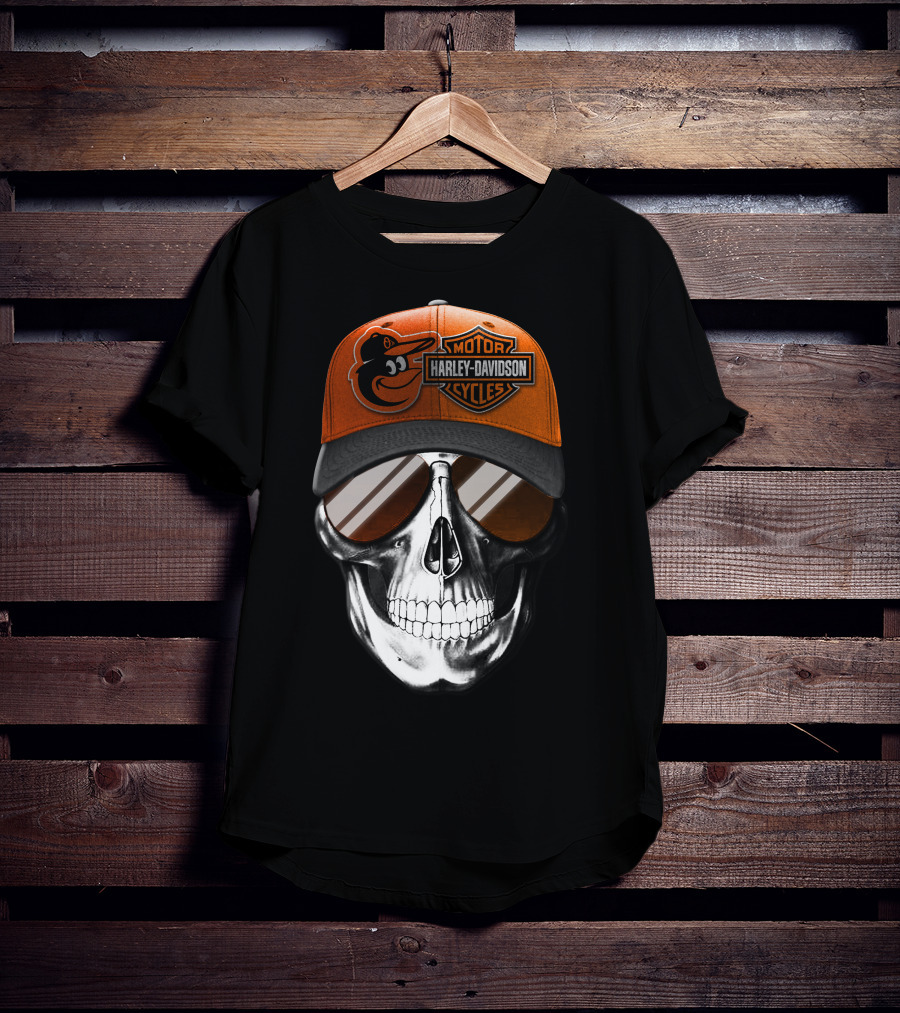 Harley Davidson Motorcycles Orioles Skull Cap T-Shirt