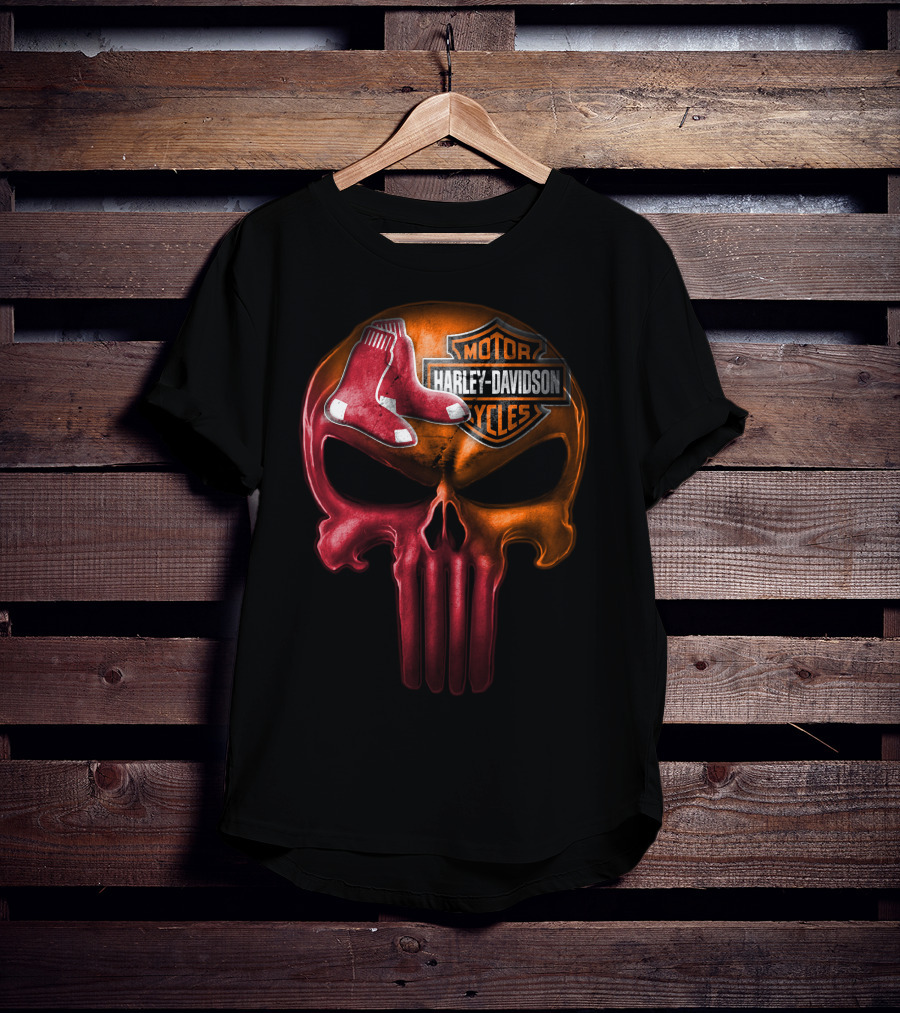 Harley Davidson Motorcycles Red Sox Logo Skull T-Shirt