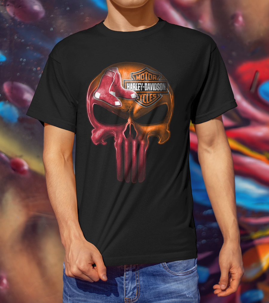 Harley Davidson Motorcycles Red Sox Logo Skull T-Shirt
