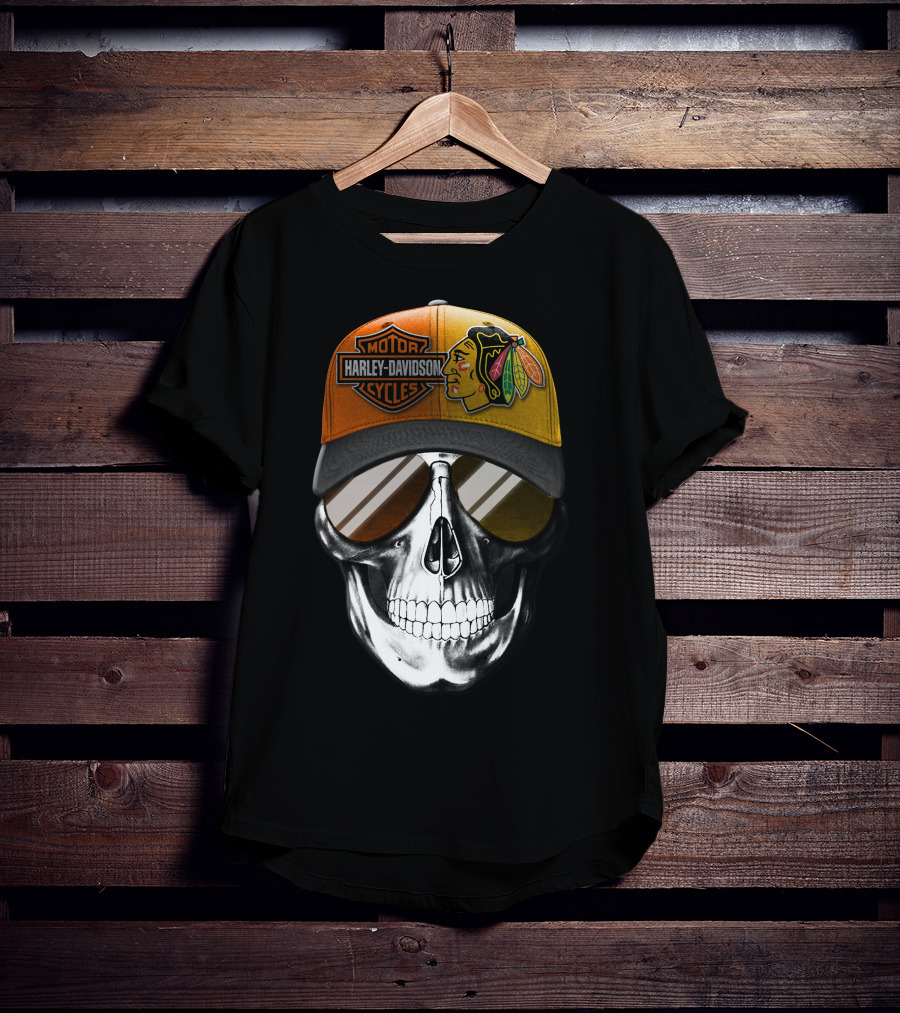 Harley Davidson Chicago Blackhawks Skull Cap T-Shirt