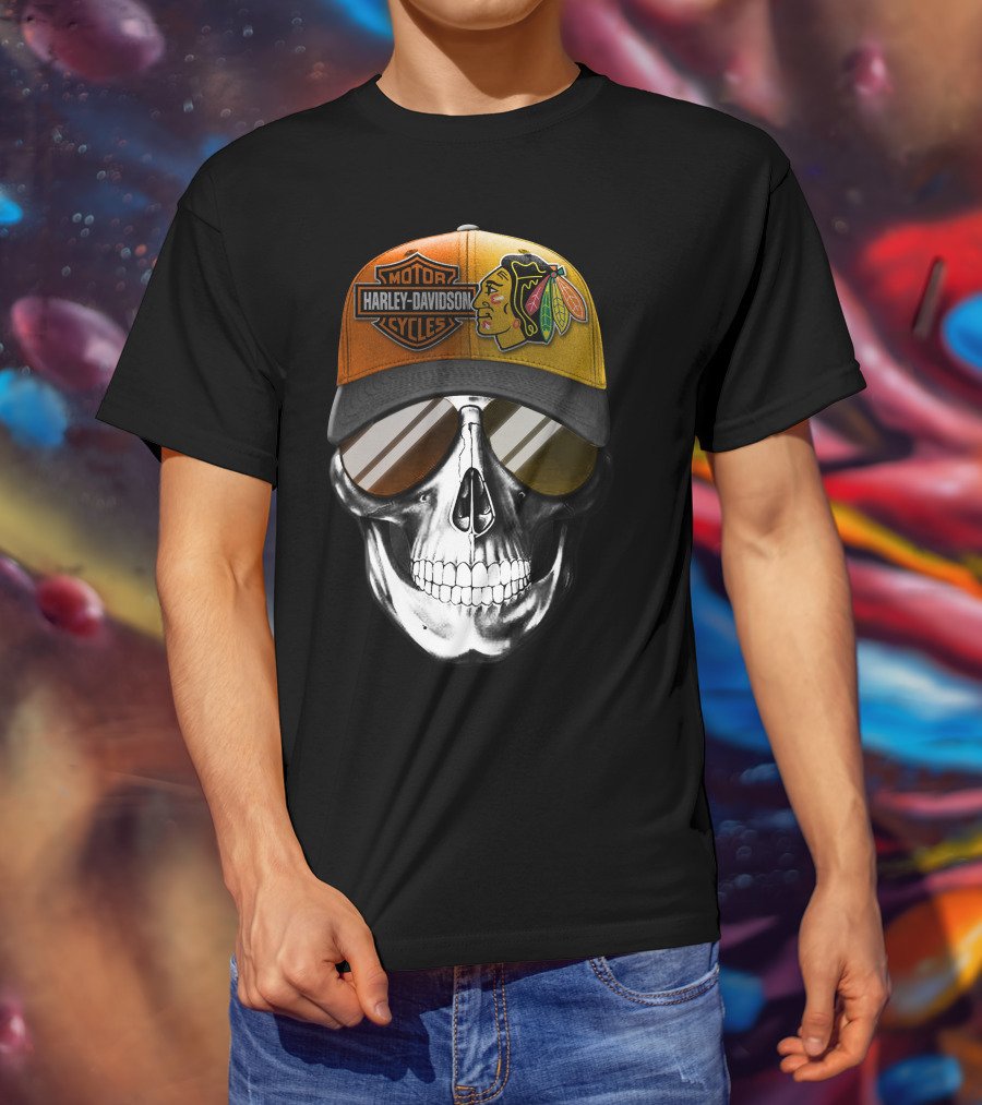 Harley Davidson Chicago Blackhawks Skull Cap T-Shirt