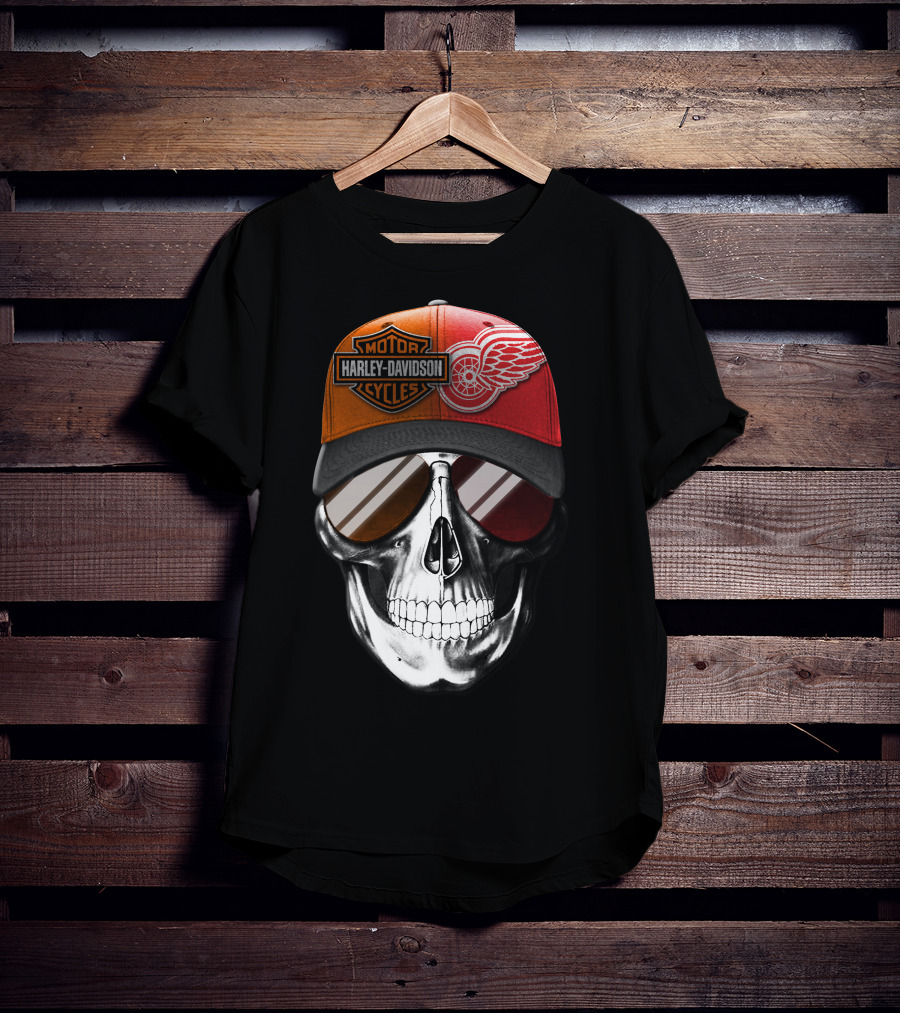 Harley Davidson Motor Cycles Red Wings Skull Cap T-Shirt