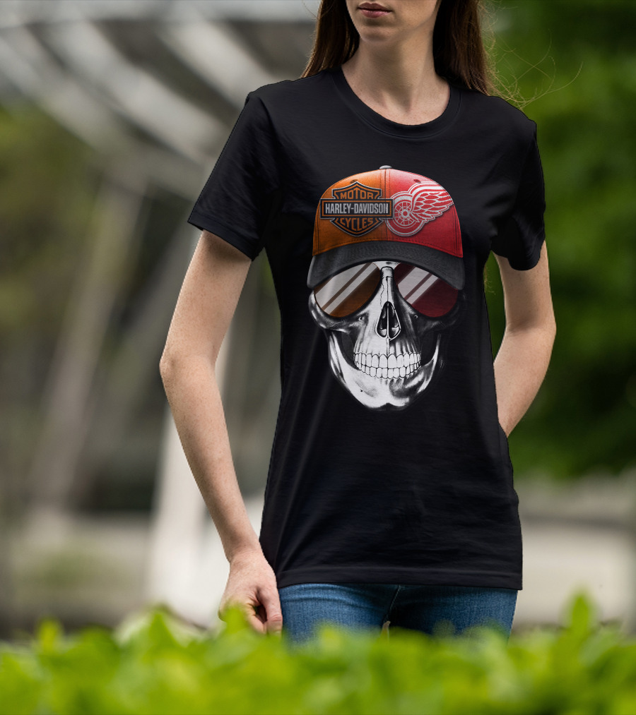 Harley Davidson Motor Cycles Red Wings Skull Cap T-Shirt