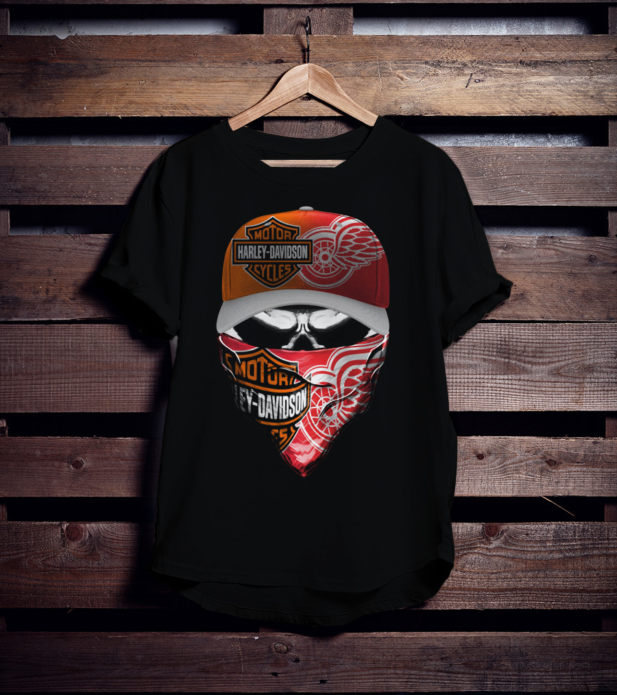 Harley Davidson Detroit Red Wings Bandana Hat Skull T-Shirt