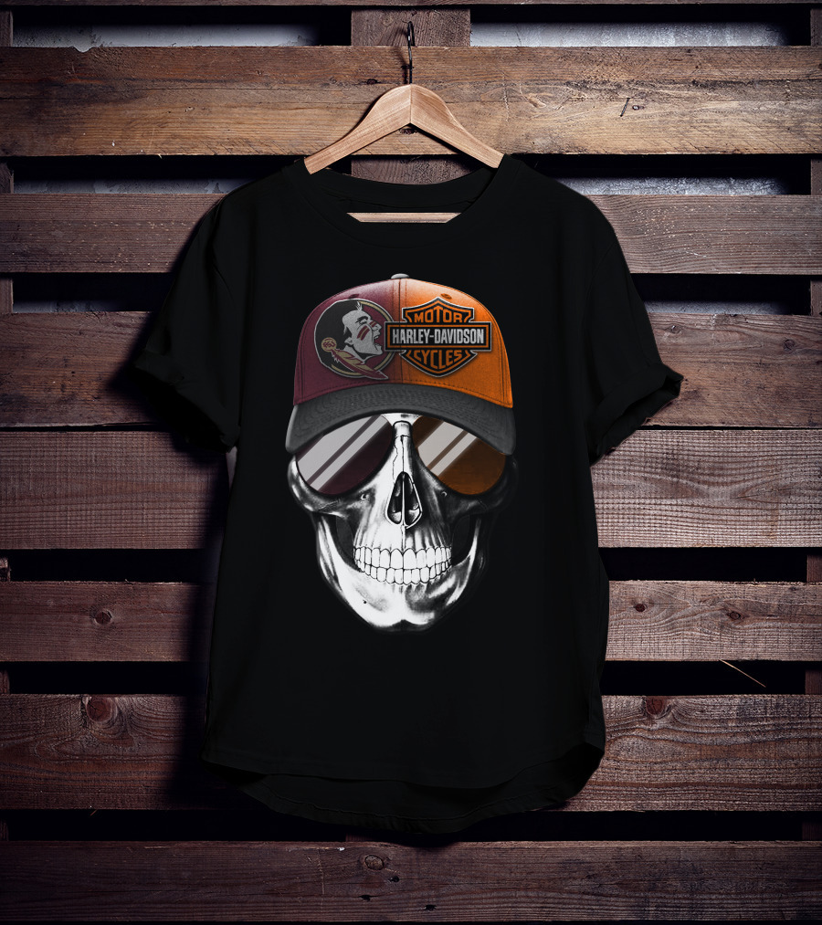 Harley Davidson Motor Cycles Logo Skull With Feathered Logo Cap T-Shirt