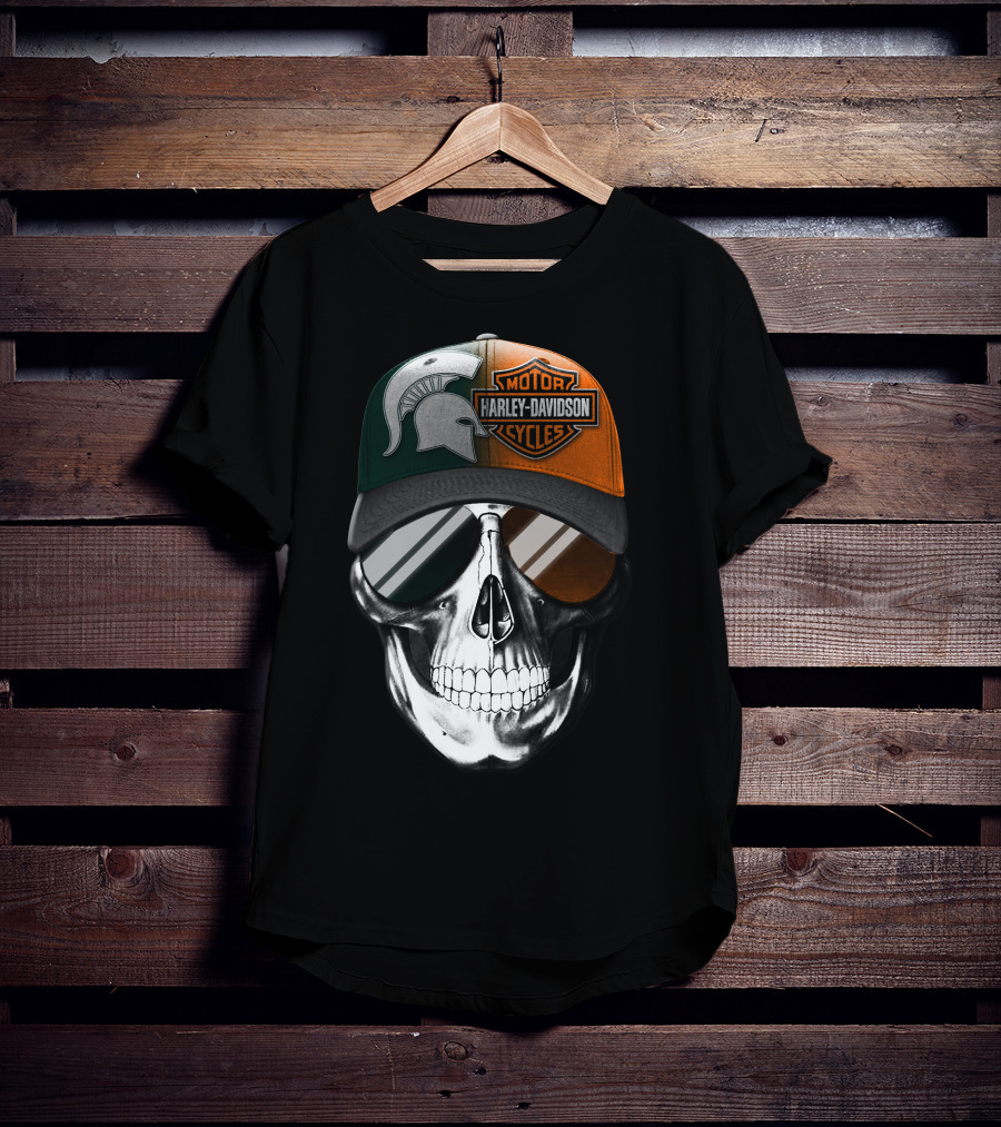 Skull With Michigan State Spartan And Harley Davidson Motorcycles Cap T-Shirt
