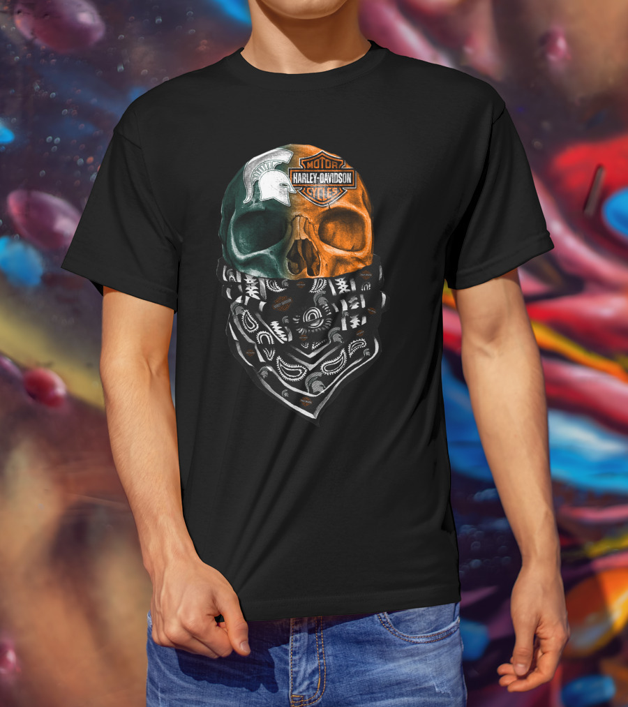 Harley Davidson Skull With Michigan State Spartans Bandana T-Shirt