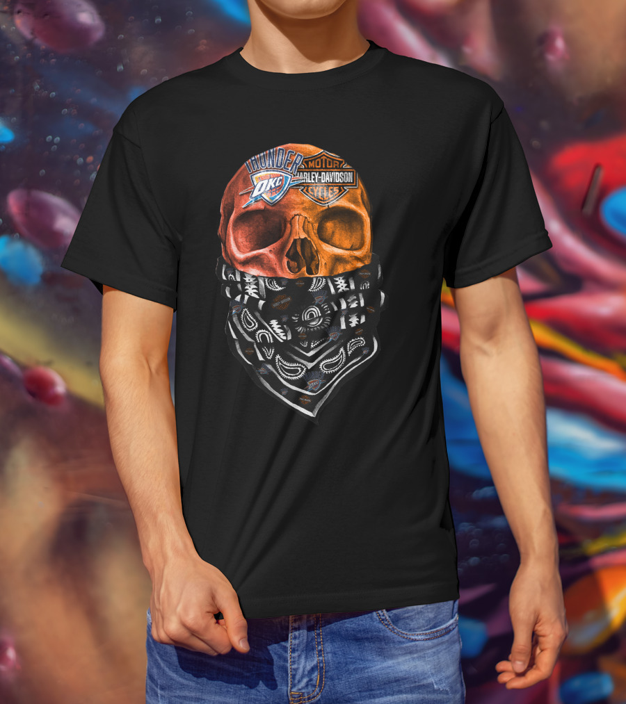 Oklahoma City Thunder Harley Davidson Skull With Bandana T-Shirt