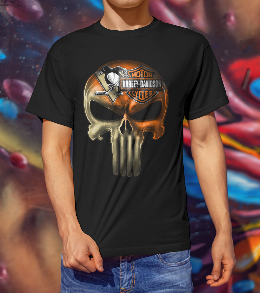 Penguins Harley Davidson Punisher Skull T-Shirt