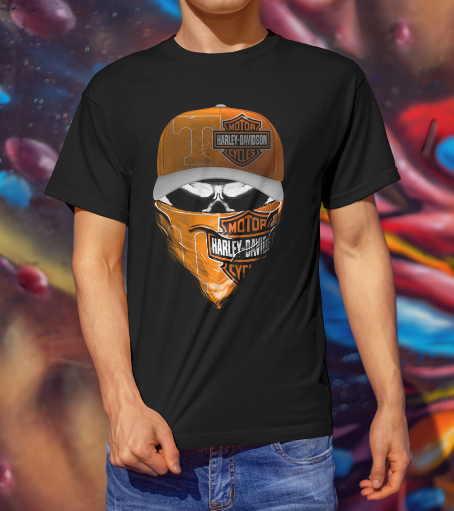 Harley Davidson Motorcycles Skull With Tennessee Volunteers Cap And Bandana T-Shirt