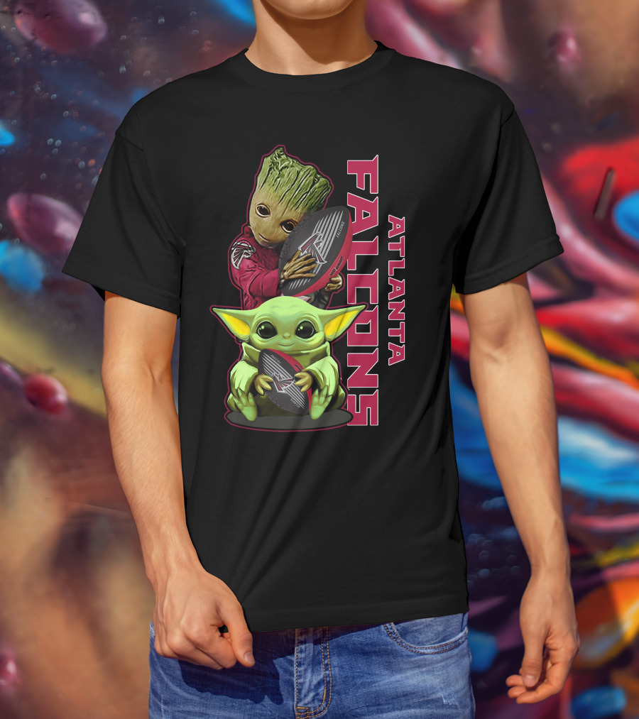 Grzd Atlanta Falcons Baby Groot Yoda Holding Football T-Shirt