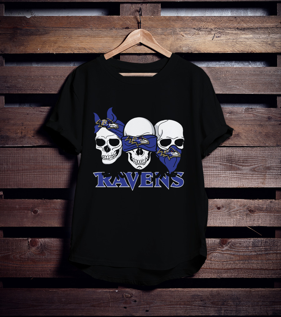 Baltimore Ravens Three Skulls Bandana Logo Ravens T-Shirt