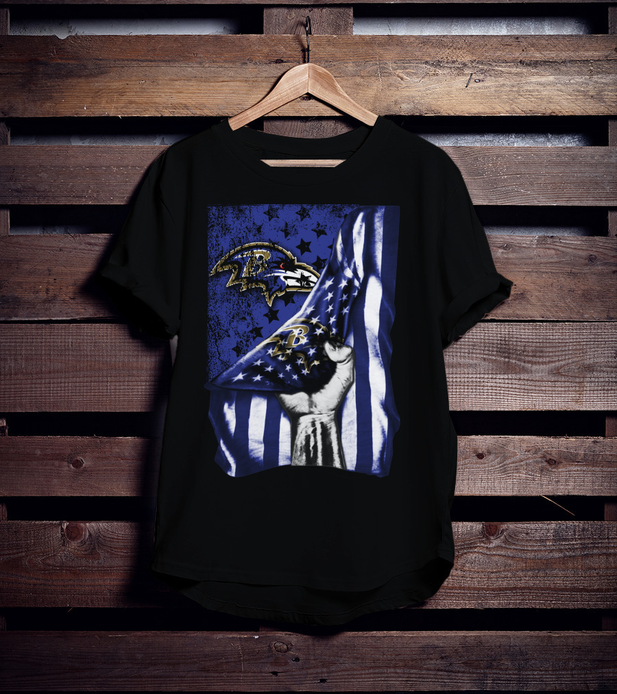 Baltimore Ravens Flag Stars Fist Ravens Logo Blue White T-Shirt